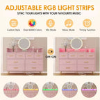 Cassettiera DobleePy Rosa a 8 Cassetti con Stazione di Ricarica, Luci LED RGB, Cassettone Largo per Camera da Letto, Toilette o Postazione Gaming