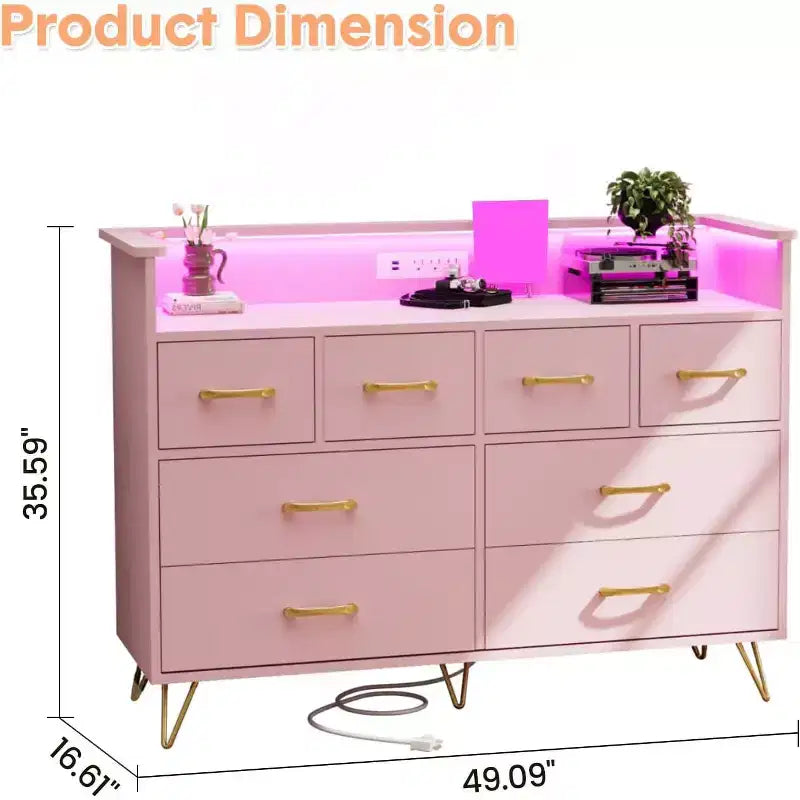 Cassettiera DobleePy Rosa a 8 Cassetti con Stazione di Ricarica, Luci LED RGB, Cassettone Largo per Camera da Letto, Toilette o Postazione Gaming
