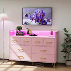 Cassettiera DobleePy Rosa a 8 Cassetti con Stazione di Ricarica, Luci LED RGB, Cassettone Largo per Camera da Letto, Toilette o Postazione Gaming