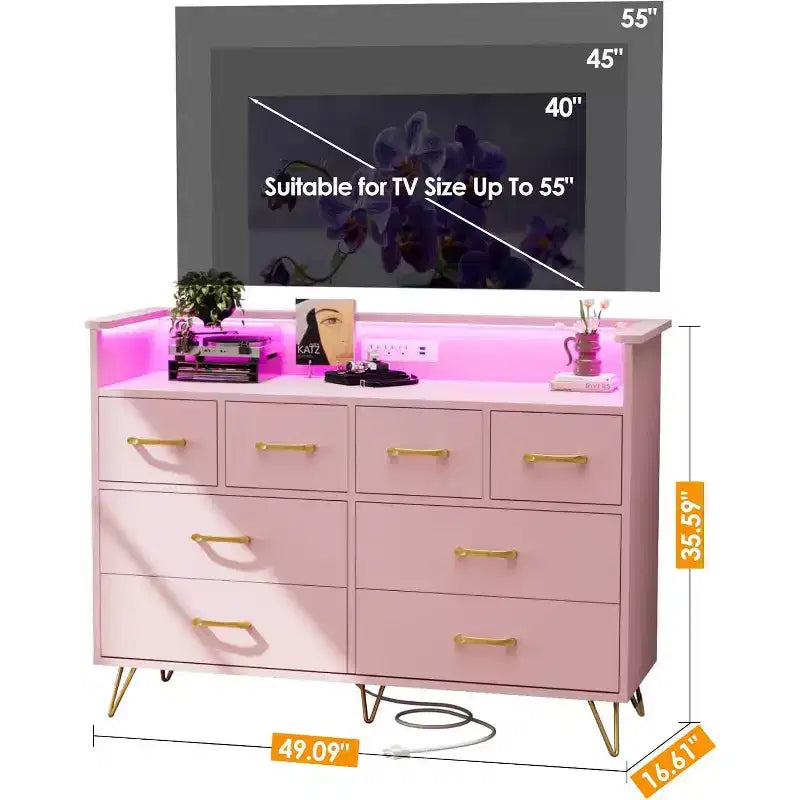 Cassettiera DobleePy Rosa a 8 Cassetti con Stazione di Ricarica, Luci LED RGB, Cassettone Largo per Camera da Letto, Toilette o Postazione Gaming