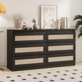Rattan Dresser for Bedroom, 6 Drawer Double Dresser for Bedroom with Smooth Mental Slide, Modern Wood Chest of Drawers, Black