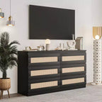 Comò in Rattan per Camera da Letto, Comò Doppio a 6 Cassetti per Camera da Letto con Guide Metalliche Scorrevoli, Cassettiera Moderna in Legno, Nero