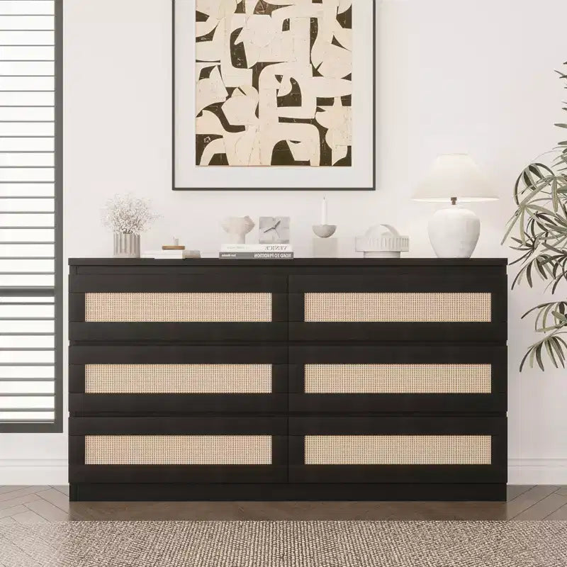 Comò in Rattan per Camera da Letto, Comò Doppio a 6 Cassetti per Camera da Letto con Guide Metalliche Scorrevoli, Cassettiera Moderna in Legno, Nero