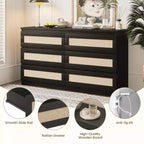 Comò in Rattan per Camera da Letto, Comò Doppio a 6 Cassetti per Camera da Letto con Guide Metalliche Scorrevoli, Cassettiera Moderna in Legno, Nero