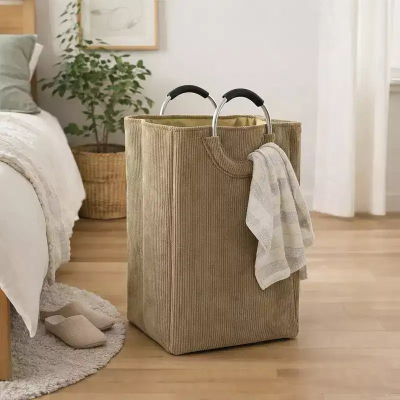Evideco Cesto Portabiancheria in Velluto a Coste 55L, Beige Sabbia