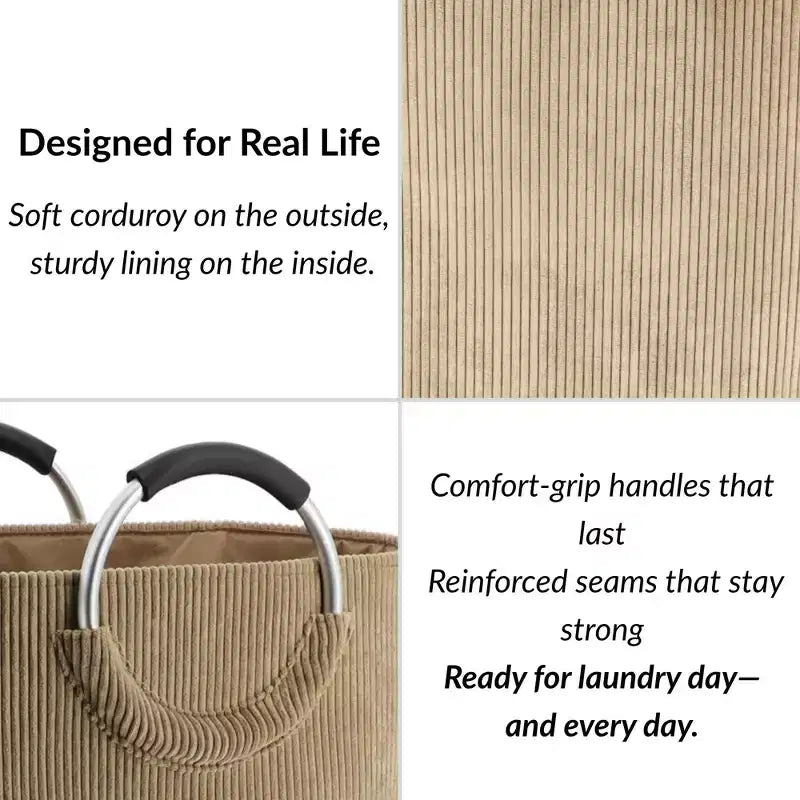 Evideco Cesto Portabiancheria in Velluto a Coste 55L, Beige Sabbia