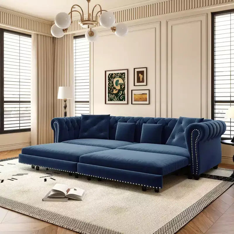 Divano Letto Estraibile 3-in-1 King Size in Velluto Whisen e Divano Letto Convertibile con Ottomana Mobile, Design Trapuntato