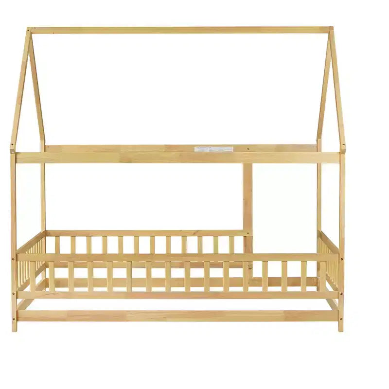 Letto a pavimento MAYEERTY Full House in legno con telaio a pavimento, sponde di sicurezza beige