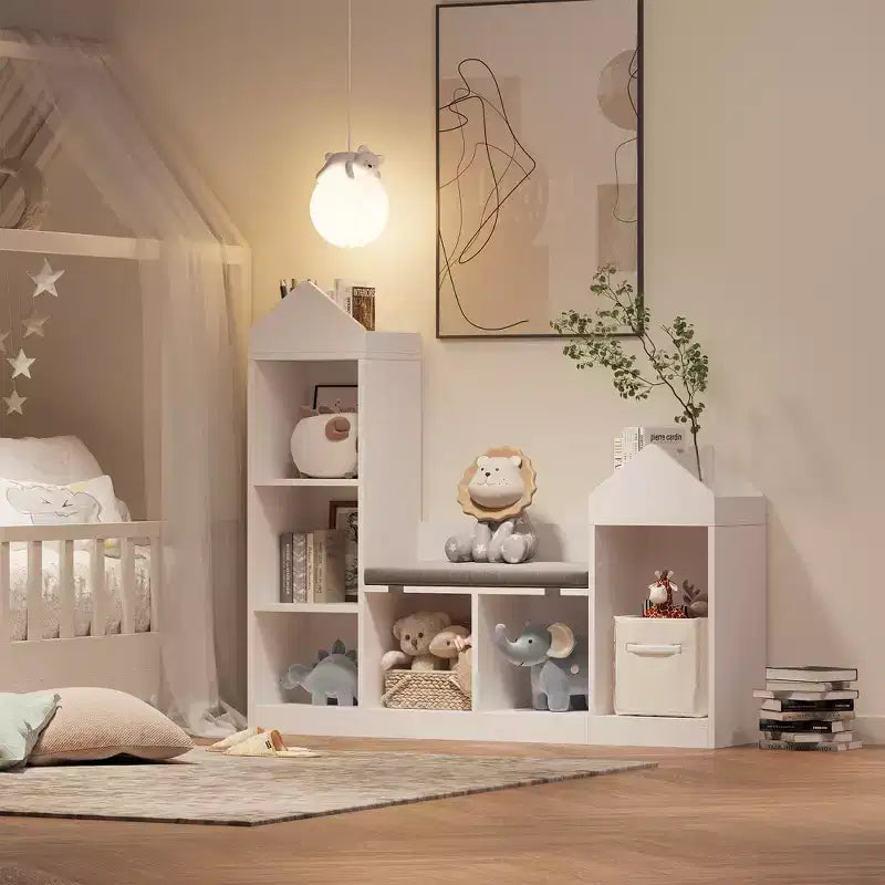 Libreria per bambini, Organizer per giocattoli con seduta, Scaffale per libri per bambini, Panca portaoggetti in legno, Casetta dei giochi per cameretta, stanza dei giochi, aula, asilo nido