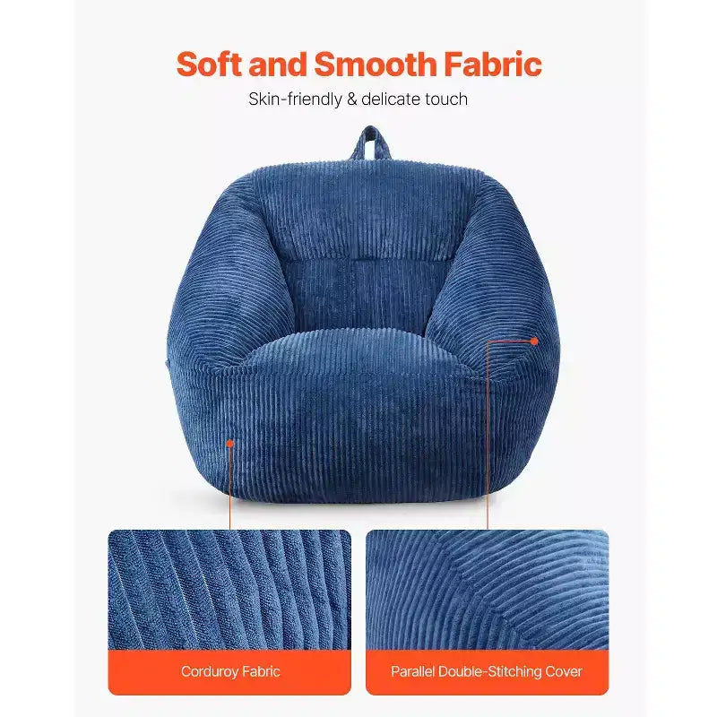 Poltrona a sacco VEVOR, Poltrona a sacco da 3 piedi con braccioli morbidi e tasca portaoggetti, Riempita con memory foam 25D e rivestimento in morbido velluto Teddy, Blu