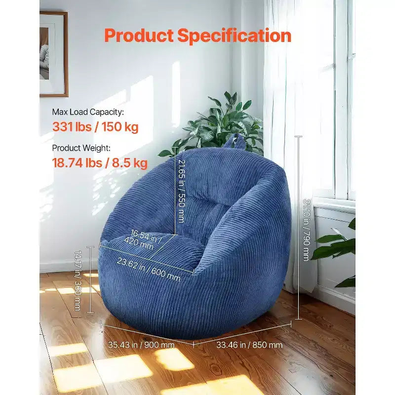 Poltrona a sacco VEVOR, Poltrona a sacco da 3 piedi con braccioli morbidi e tasca portaoggetti, Riempita con memory foam 25D e rivestimento in morbido velluto Teddy, Blu