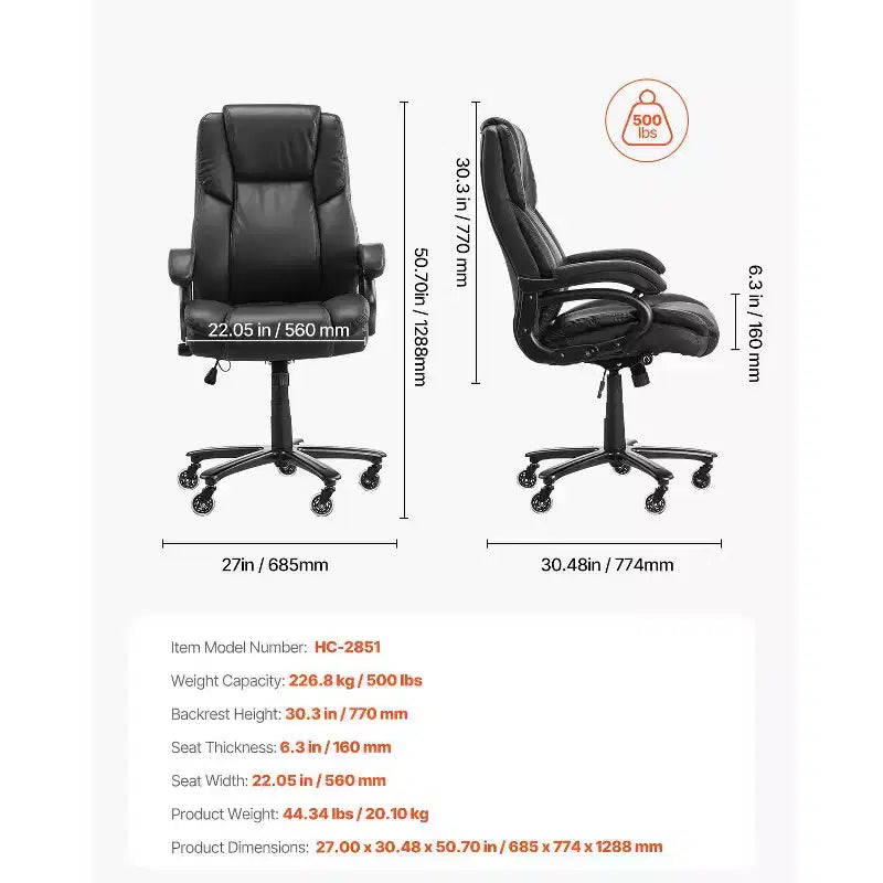 Sedia da ufficio direzionale VEVOR con supporto lombare a manopola, sedia da ufficio con capacità di 227 kg, sedie da scrivania reclinabili in pelle PU regolabili in altezza, nere