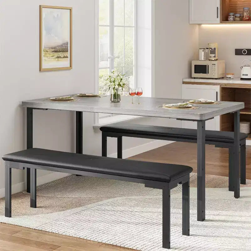 Set da tavolo da pranzo lungo 109 cm per 4 persone, set da tavolo da cucina rettangolare con 2 panche imbottite, set di mobili da cucina e sala da pranzo salvaspazio da 3 pezzi