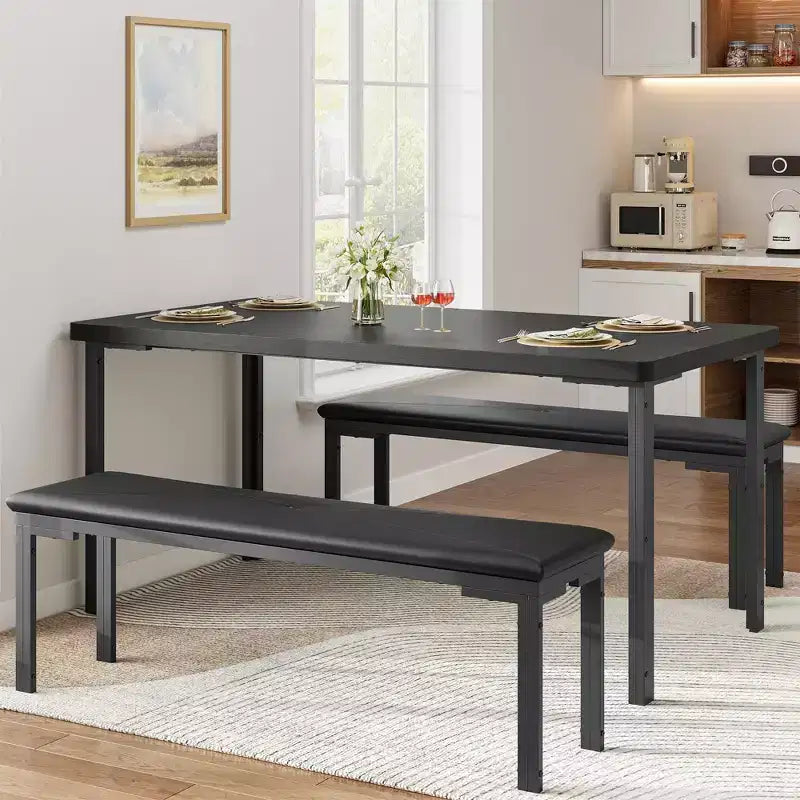 Set da tavolo da pranzo lungo 109 cm per 4 persone, set da tavolo da cucina rettangolare con 2 panche imbottite, set di mobili da cucina e sala da pranzo salvaspazio da 3 pezzi