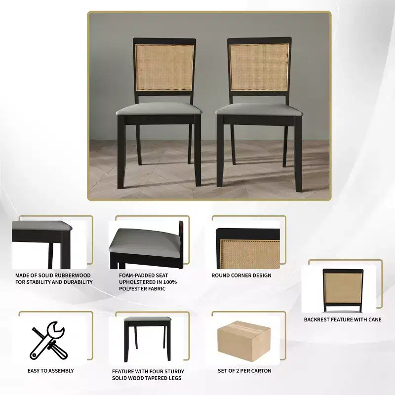 ChaletPosh Set di 2 sedie da pranzo in legno nero con canna e rivestimento grigio chiaro