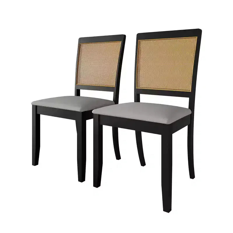 ChaletPosh Set di 2 sedie da pranzo in legno nero con canna e rivestimento grigio chiaro