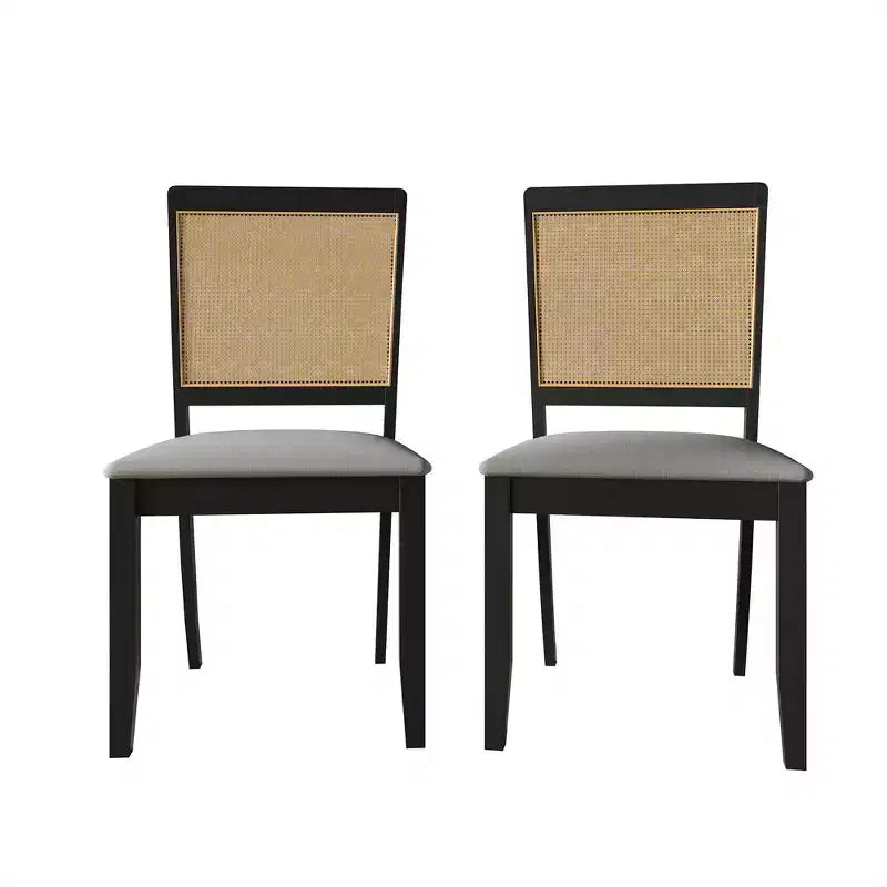 ChaletPosh Set di 2 sedie da pranzo in legno nero con canna e rivestimento grigio chiaro