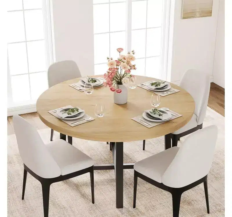 Tavolo da pranzo rotondo da 120 cm, tavolo da cucina rotondo industriale per 4-6 persone, mobili da cucina in legno con gambe in metallo resistente per sala da pranzo piccola