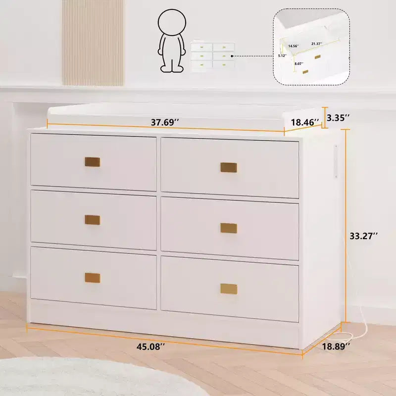 TROPOW Cassettiera per cameretta con Fasciatoio Rimovibile, Cassettiera per Bambini a 6 Cassetti con Kit Anti-Ribaltamento, Piano Impermeabile e Sponde di Sicurezza, Organizer Portaoggetti in MDF Atossico