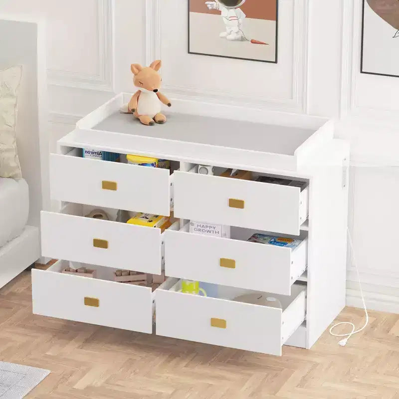 TROPOW Cassettiera per cameretta con Fasciatoio Rimovibile, Cassettiera per Bambini a 6 Cassetti con Kit Anti-Ribaltamento, Piano Impermeabile e Sponde di Sicurezza, Organizer Portaoggetti in MDF Atossico