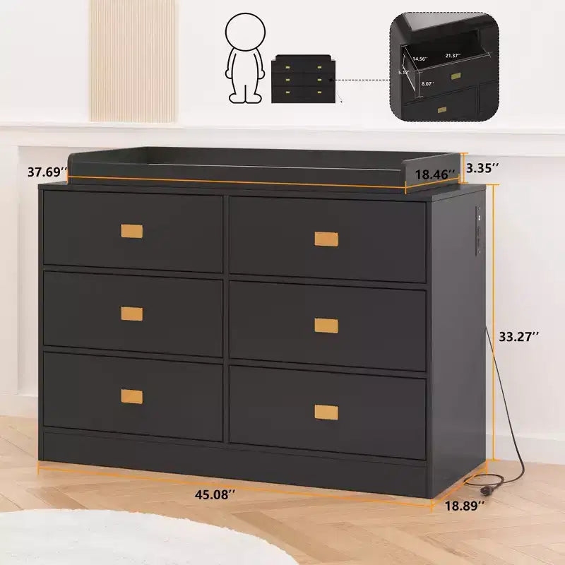 TROPOW Cassettiera per cameretta con Fasciatoio Rimovibile, Cassettiera per Bambini a 6 Cassetti con Kit Anti-Ribaltamento, Piano Impermeabile e Sponde di Sicurezza, Organizer Portaoggetti in MDF Atossico