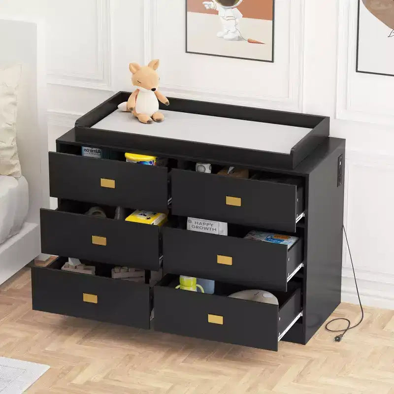 TROPOW Cassettiera per cameretta con Fasciatoio Rimovibile, Cassettiera per Bambini a 6 Cassetti con Kit Anti-Ribaltamento, Piano Impermeabile e Sponde di Sicurezza, Organizer Portaoggetti in MDF Atossico