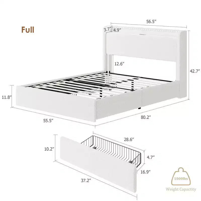 Struttura Letto con 4 Cassetti Contenitore, Struttura Letto Imbottita con Testiera, Stazione di Ricarica Luci LED, Nessuna Rete a Molle Necessaria, Silenzioso
