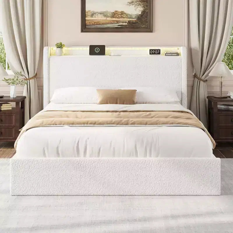 Struttura Letto con 4 Cassetti Contenitore, Struttura Letto Imbottita con Testiera, Stazione di Ricarica Luci LED, Nessuna Rete a Molle Necessaria, Silenzioso