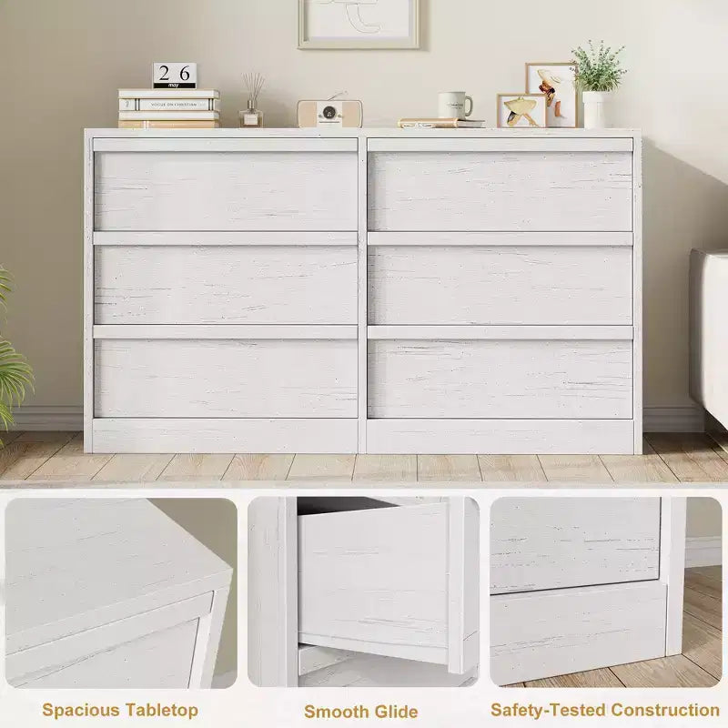 Cassettiera a 6 cassetti CuisinSmart per camera da letto, organizer doppio naturale con maniglie concave, cassettiera moderna, bianca