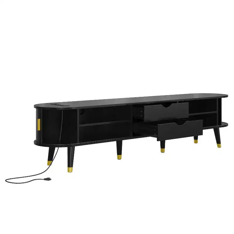 Set Mobile TV e Tavolino da Caffè ModernLuxe con Stazione di Ricarica, Consolle Multimediale Ovale con Anta Scorrevole per TV fino a 80 Pollici, Tavolino Centrale Mid-Century Farmhouse