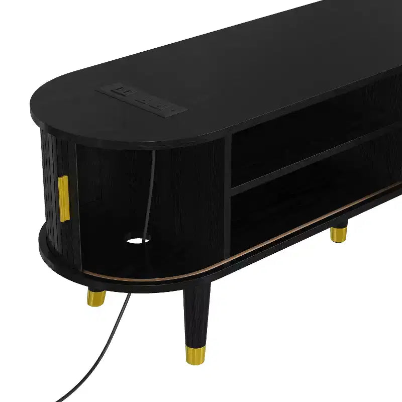 Set Mobile TV e Tavolino da Caffè ModernLuxe con Stazione di Ricarica, Consolle Multimediale Ovale con Anta Scorrevole per TV fino a 80 Pollici, Tavolino Centrale Mid-Century Farmhouse