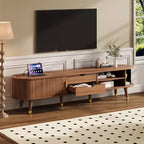 Set Mobile TV e Tavolino da Caffè ModernLuxe con Stazione di Ricarica, Consolle Multimediale Ovale con Anta Scorrevole per TV fino a 80 Pollici, Tavolino Centrale Mid-Century Farmhouse