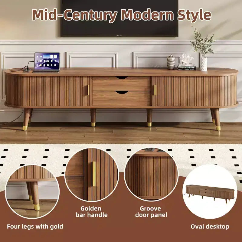 Set Mobile TV e Tavolino da Caffè ModernLuxe con Stazione di Ricarica, Consolle Multimediale Ovale con Anta Scorrevole per TV fino a 80 Pollici, Tavolino Centrale Mid-Century Farmhouse