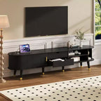 Set Mobile TV e Tavolino da Caffè ModernLuxe con Stazione di Ricarica, Consolle Multimediale Ovale con Anta Scorrevole per TV fino a 80 Pollici, Tavolino Centrale Mid-Century Farmhouse