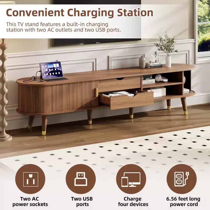 Set Mobile TV e Tavolino da Caffè ModernLuxe con Stazione di Ricarica, Consolle Multimediale Ovale con Anta Scorrevole per TV fino a 80 Pollici, Tavolino Centrale Mid-Century Farmhouse