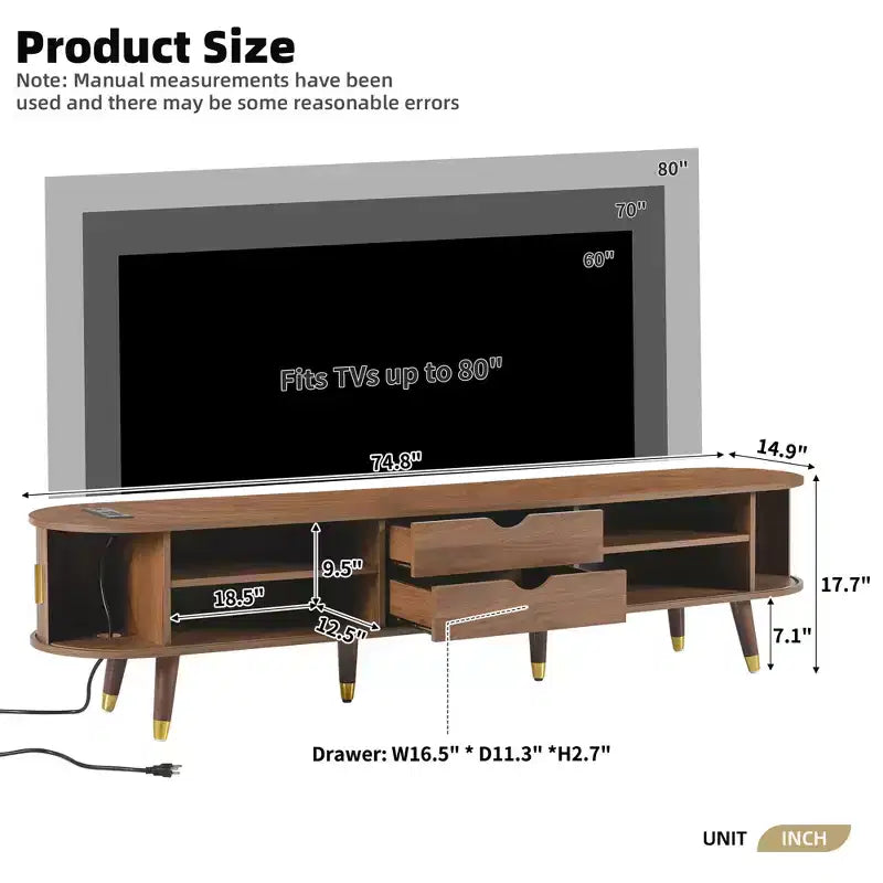 Set Mobile TV e Tavolino da Caffè ModernLuxe con Stazione di Ricarica, Consolle Multimediale Ovale con Anta Scorrevole per TV fino a 80 Pollici, Tavolino Centrale Mid-Century Farmhouse