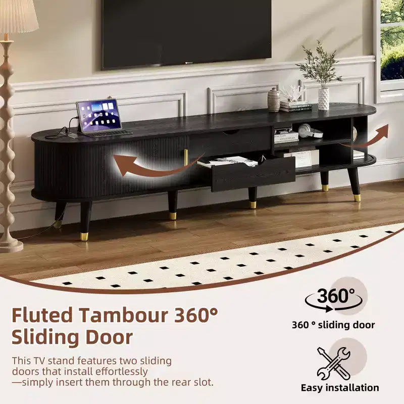 Set Mobile TV e Tavolino da Caffè ModernLuxe con Stazione di Ricarica, Consolle Multimediale Ovale con Anta Scorrevole per TV fino a 80 Pollici, Tavolino Centrale Mid-Century Farmhouse