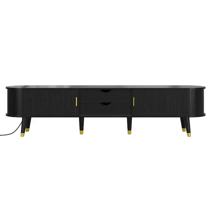 Set Mobile TV e Tavolino da Caffè ModernLuxe con Stazione di Ricarica, Consolle Multimediale Ovale con Anta Scorrevole per TV fino a 80 Pollici, Tavolino Centrale Mid-Century Farmhouse