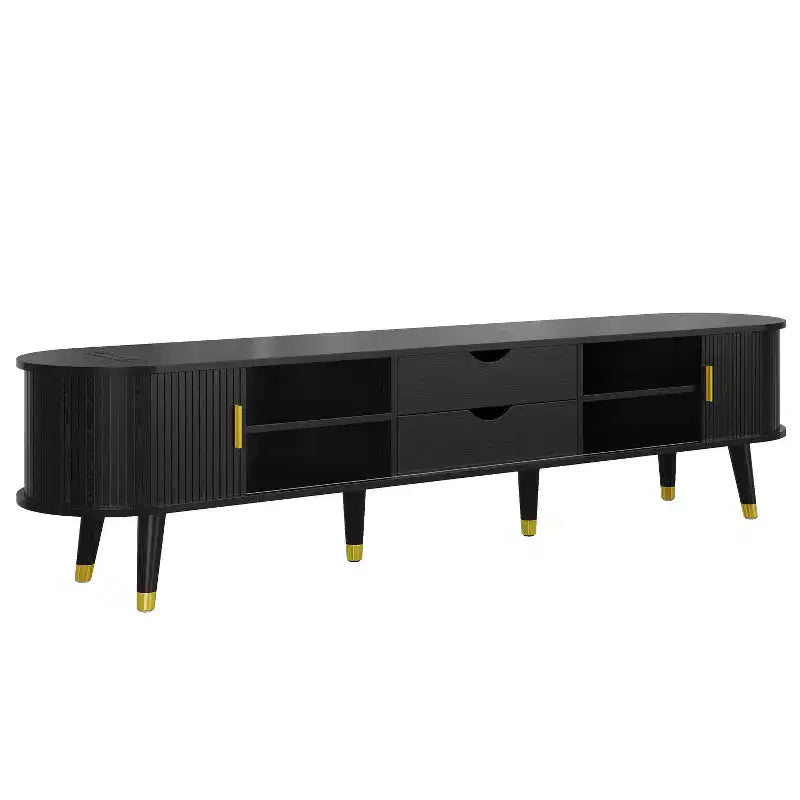 Set Mobile TV e Tavolino da Caffè ModernLuxe con Stazione di Ricarica, Consolle Multimediale Ovale con Anta Scorrevole per TV fino a 80 Pollici, Tavolino Centrale Mid-Century Farmhouse