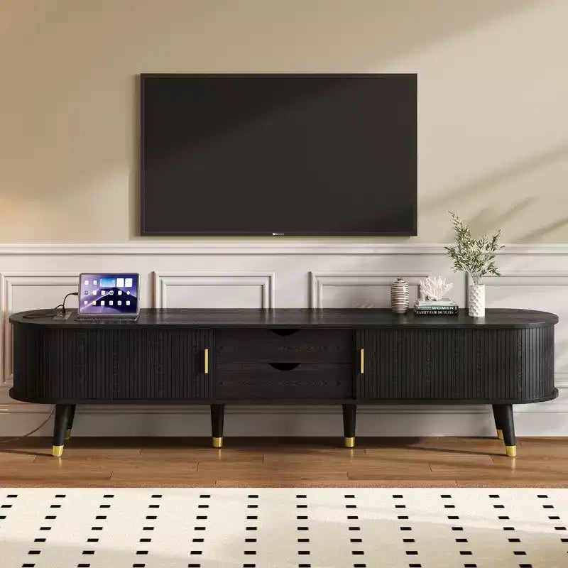 ModernLuxe TV Stand&Coffee Table Set with Charging Station, Oval Media Console with Sliding Door for TVs up to 80, Mid-Century Farmhouse Center Table