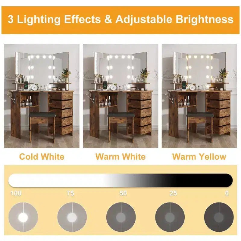 Scrivania ad Angolo con Specchio e Luci, Tocador per Trucco con Illuminazione a 3 Colori e Presa di Corrente, 5 Cassetti Girevoli, Sgabello e Ripiani Aperti