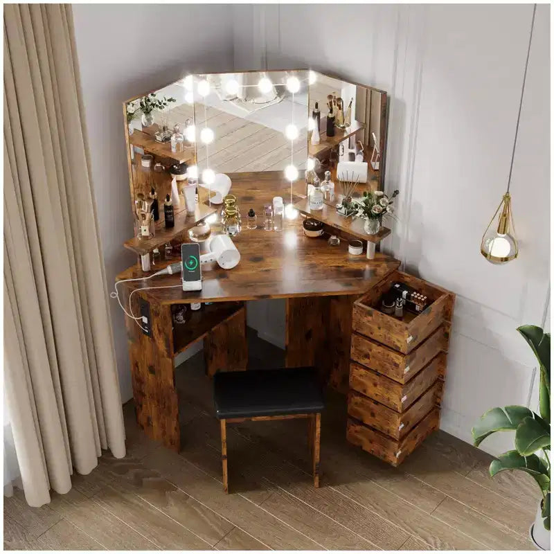 Scrivania ad Angolo con Specchio e Luci, Tocador per Trucco con Illuminazione a 3 Colori e Presa di Corrente, 5 Cassetti Girevoli, Sgabello e Ripiani Aperti
