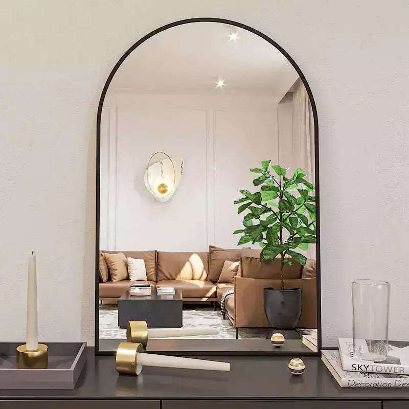 Specchio da parete ad arco per bagno in metallo nero