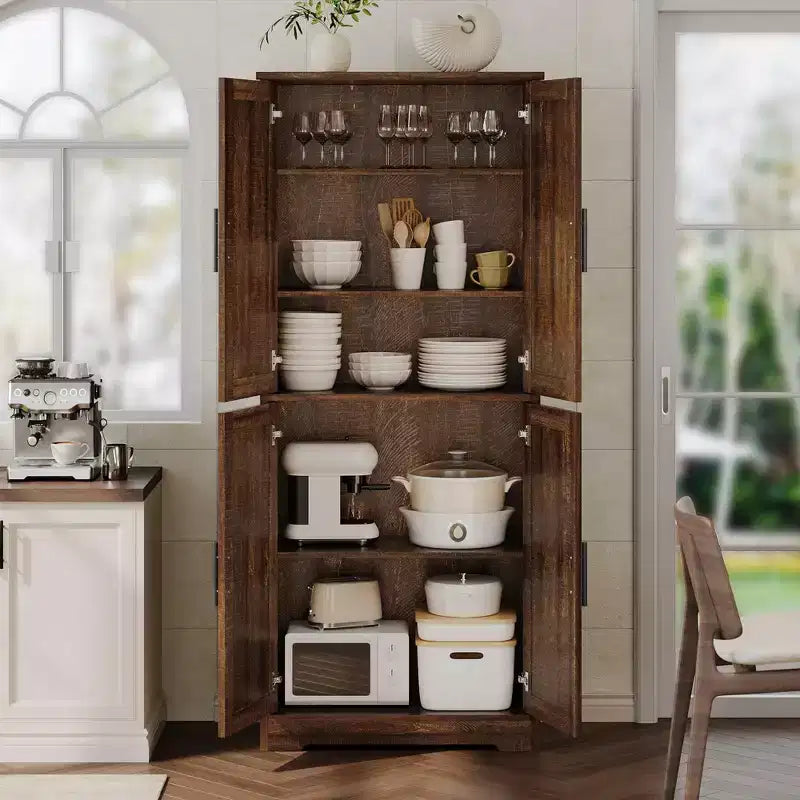 Dispensa autoportante alta 70 cm con 4 ante e ripiani aperti, mobiletto regolabile per sala da pranzo, bagno, soggiorno