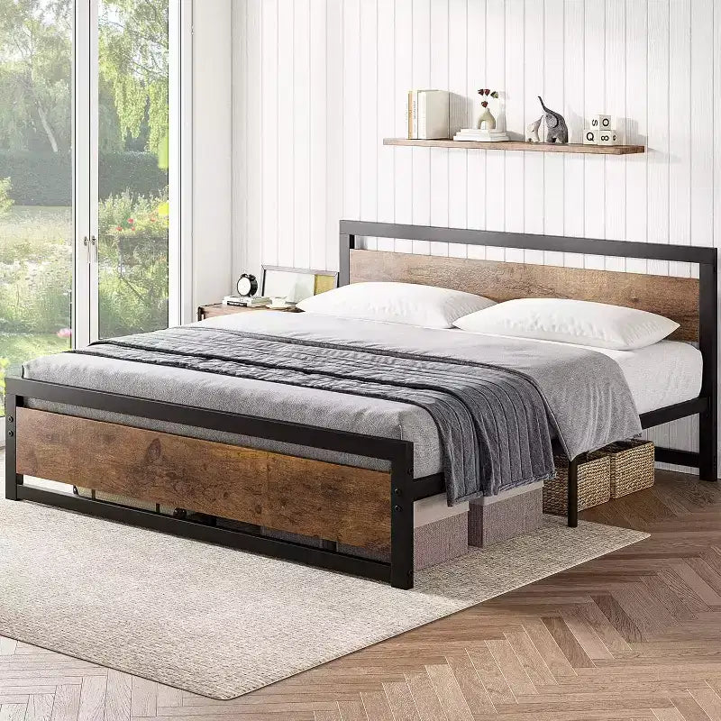 Telaio Letto King Size con Testiera, Nessuna Rete a Molle Necessaria, Piattaforma da 35 cm con Spazio di Archiviazione, Marrone Retrò