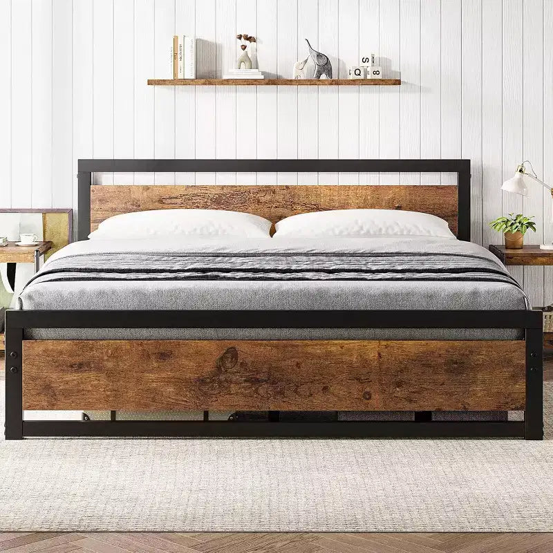 Telaio Letto King Size con Testiera, Nessuna Rete a Molle Necessaria, Piattaforma da 35 cm con Spazio di Archiviazione, Marrone Retrò