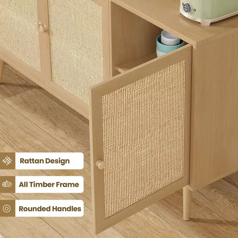 PexFix Mobiletto con pannelli laterali e 3 ante in rattan, mobile contenitore da cucina moderno con gambe regolabili