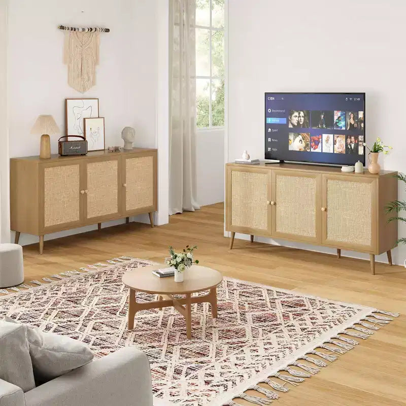PexFix Mobiletto con pannelli laterali e 3 ante in rattan, mobile contenitore da cucina moderno con gambe regolabili