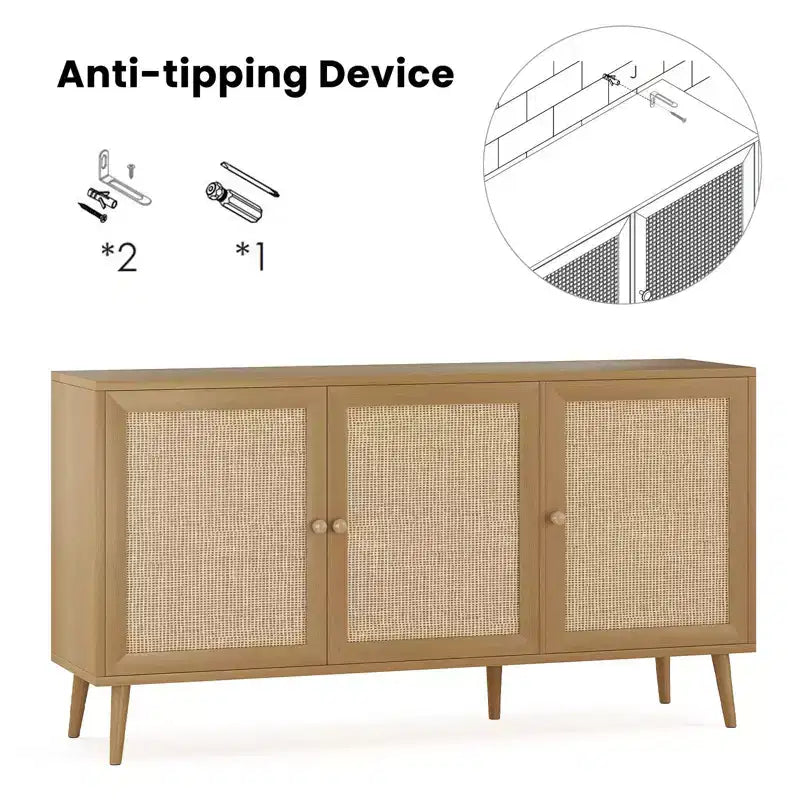 PexFix Mobiletto con pannelli laterali e 3 ante in rattan, mobile contenitore da cucina moderno con gambe regolabili
