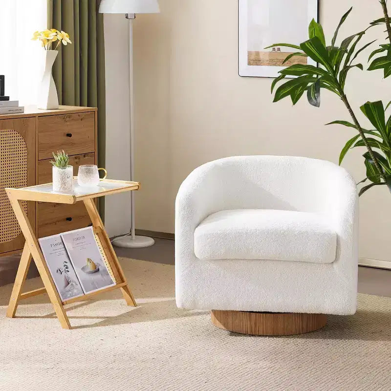 Poltrona VINGLI girevole a 360° con base in legno composito e cuscino rimovibile per soggiorno, camera da letto